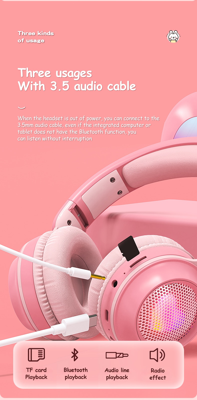 Rabbit Ear Headphones Wireless Luminous Extendable Wheat Headphones - Image 11