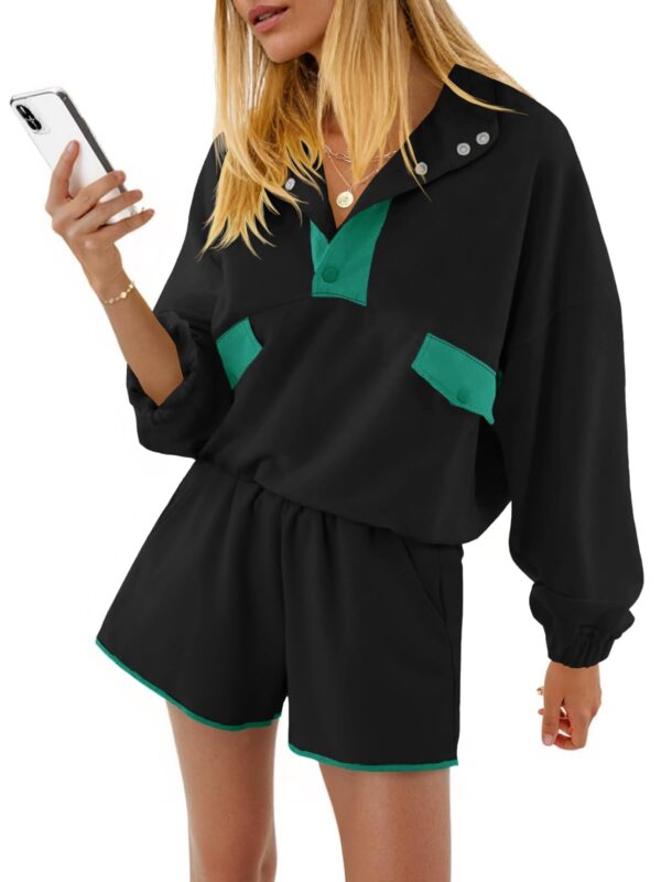 Fisoew Womens 2 Piece Sets Sweatsuits Casual Half Button Color Block Sweatshirts Running Shorts Tracksuits Fall Outfits - Image 12