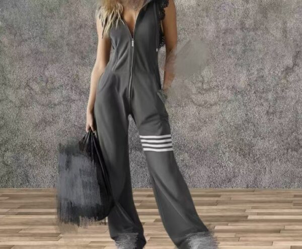 New Style Sporty Retro Lace Striped Sleeveless Hooded Jumpsuit - Image 8