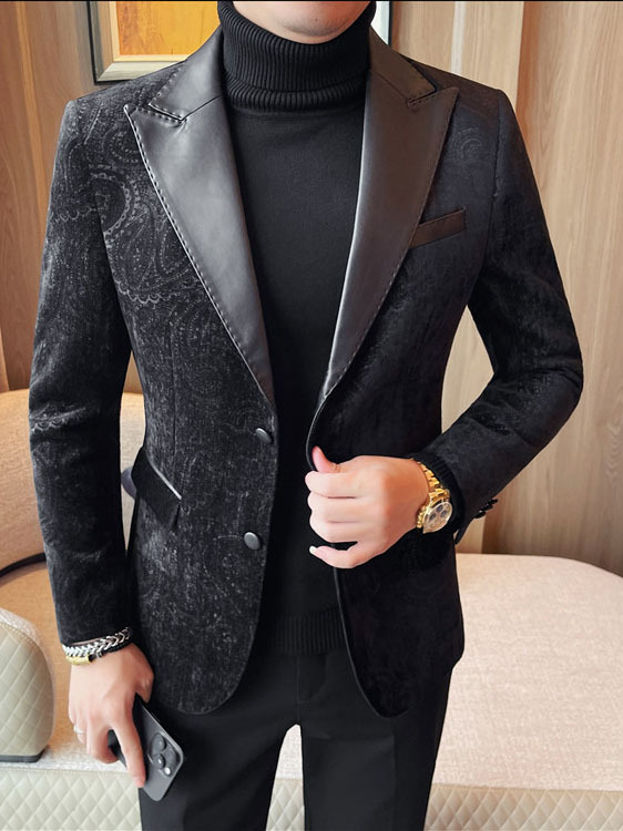 Jacquard Velvet Leather Lapel Men's Blazer - Image 10
