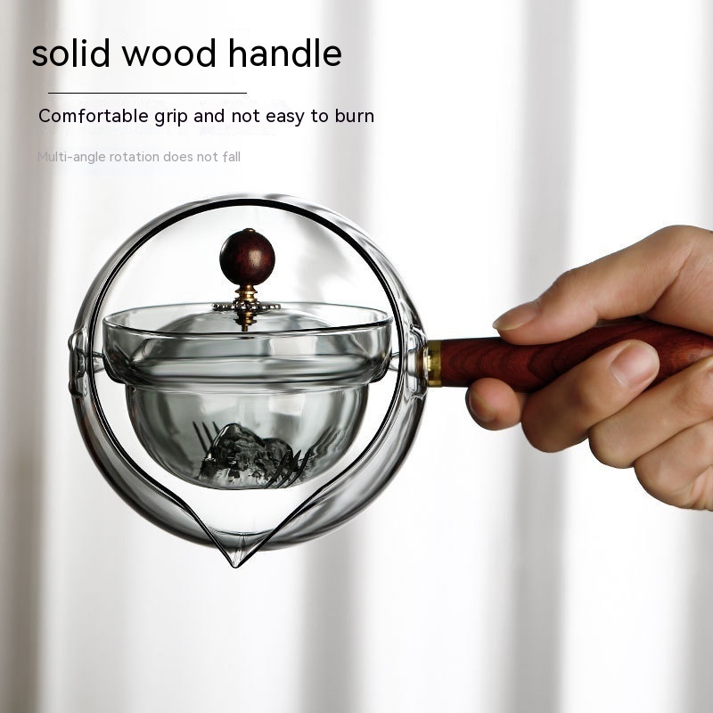 Semi-automatic Rotary Heat-resistant Glass Teapot Lazy Tea Making With Infuser And Wooden Handle Office Home Accessories Kitchen Gadgets - Image 2