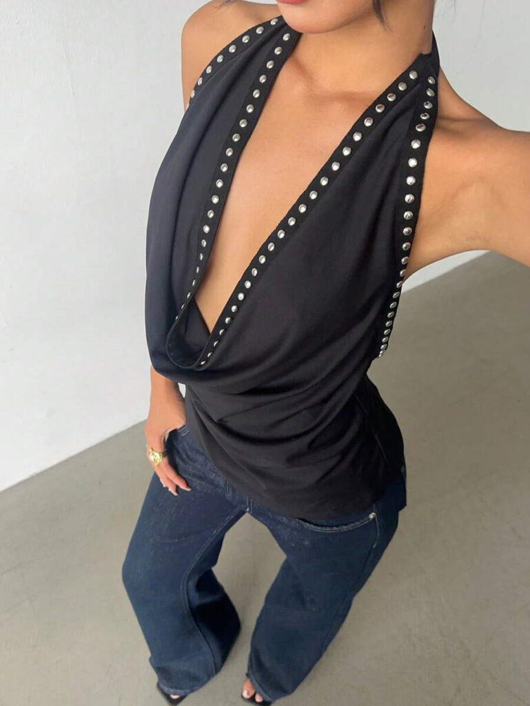 Solid-color Top With Studs Sexy Womens Clothing