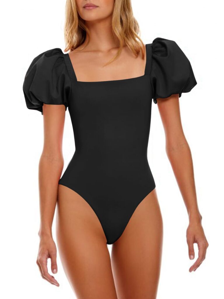 Saodimallsu Womens One Piece Swimsuit Short Puff Sleeve Square Neck Sexy Backless Tummy Control Bathing Suit