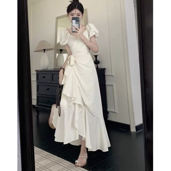 Women's White V Neck Lace Up Short Sleeve Dress - Image 4
