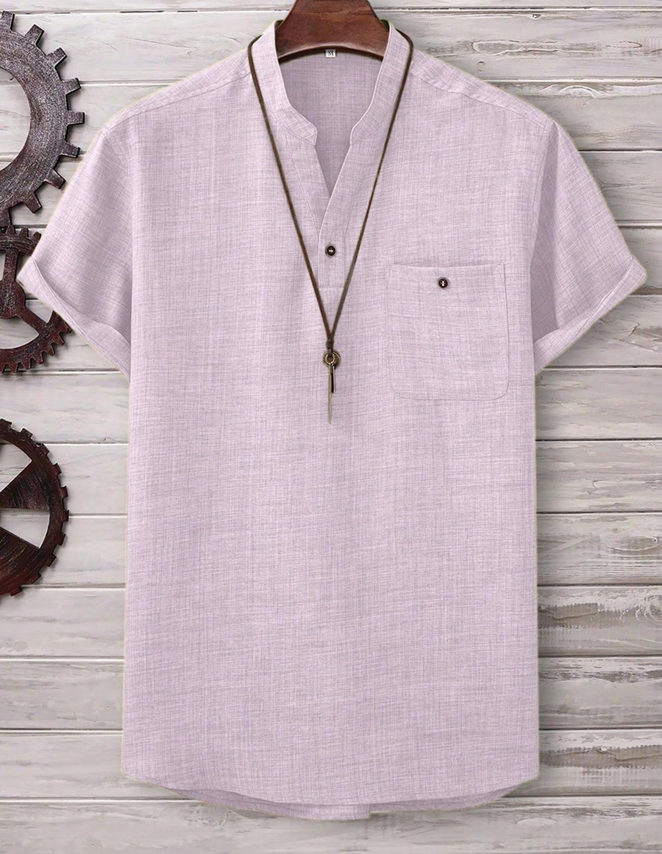 Mens Casual Short-sleeve Solid-color Shirt With A Turn-down Collar - Image 37