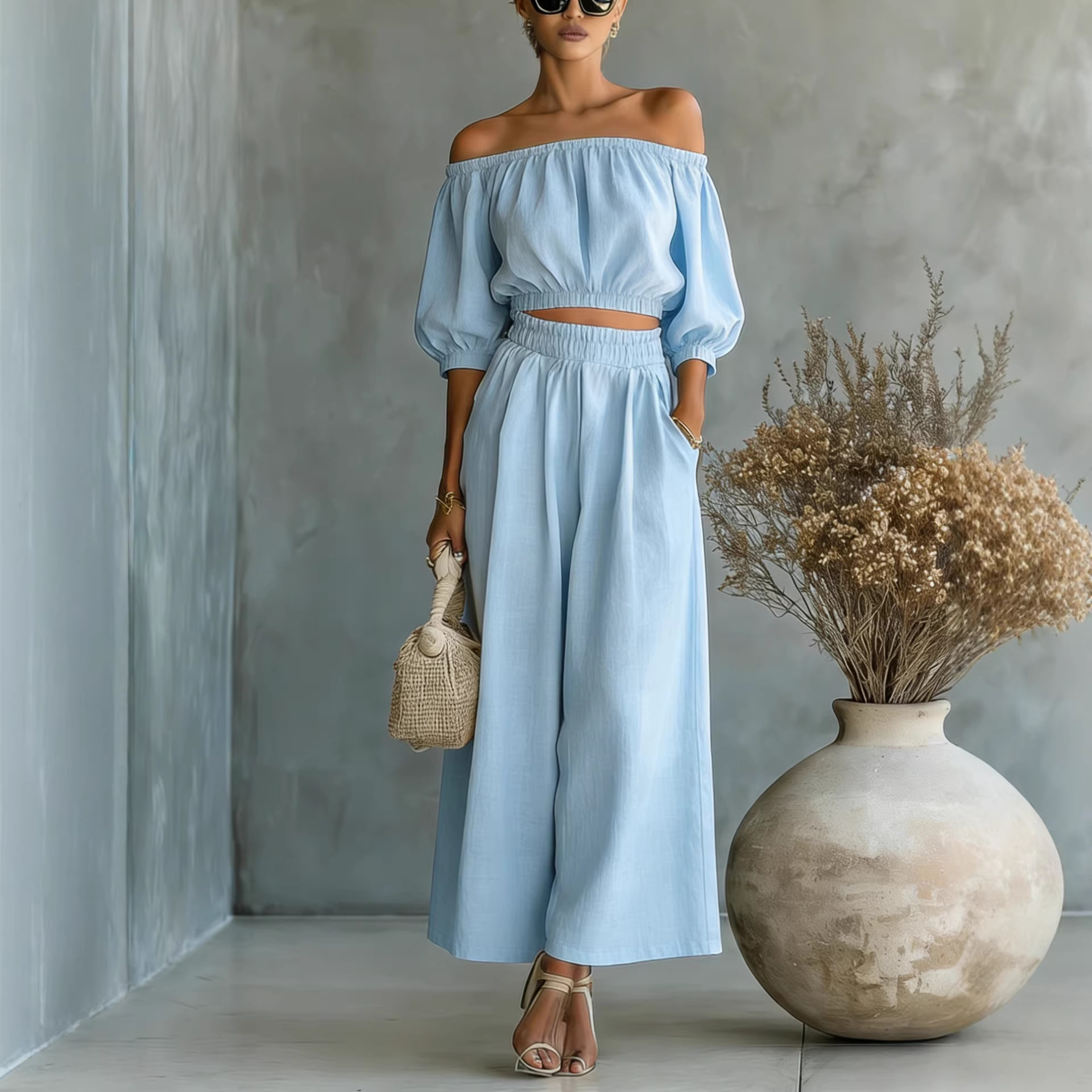 Casual Solid-color Cotton And Linen Top With High-waisted Wide-leg Pants - Image 1