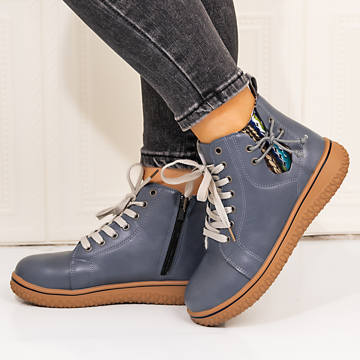 PU Casual Shoes With Front Laces, Winter Cotton Boots - Image 9