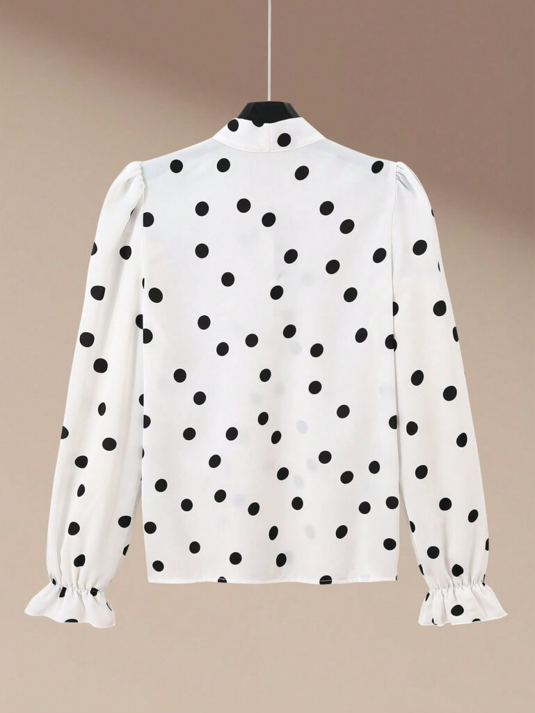 Printed Collared Ruffle-Trimmed Long-Sleeve Womens Shirt