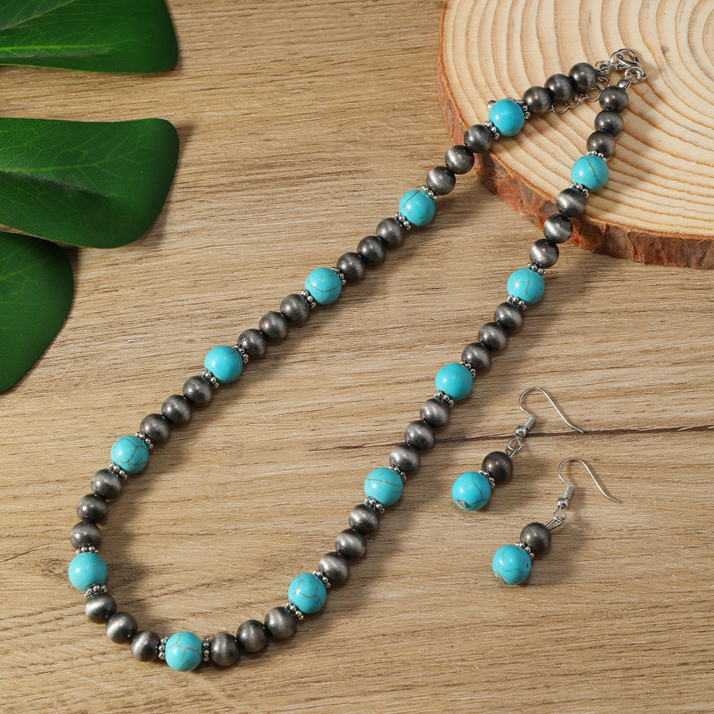 Cross-border New Earrings And Necklace 2-piece Set Fashion Turquoise Beaded Earrings And Necklace - Image 5
