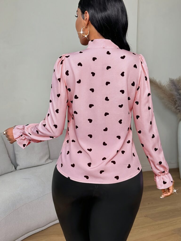 Printed Collared Ruffle-Trimmed Long-Sleeve Womens Shirt
