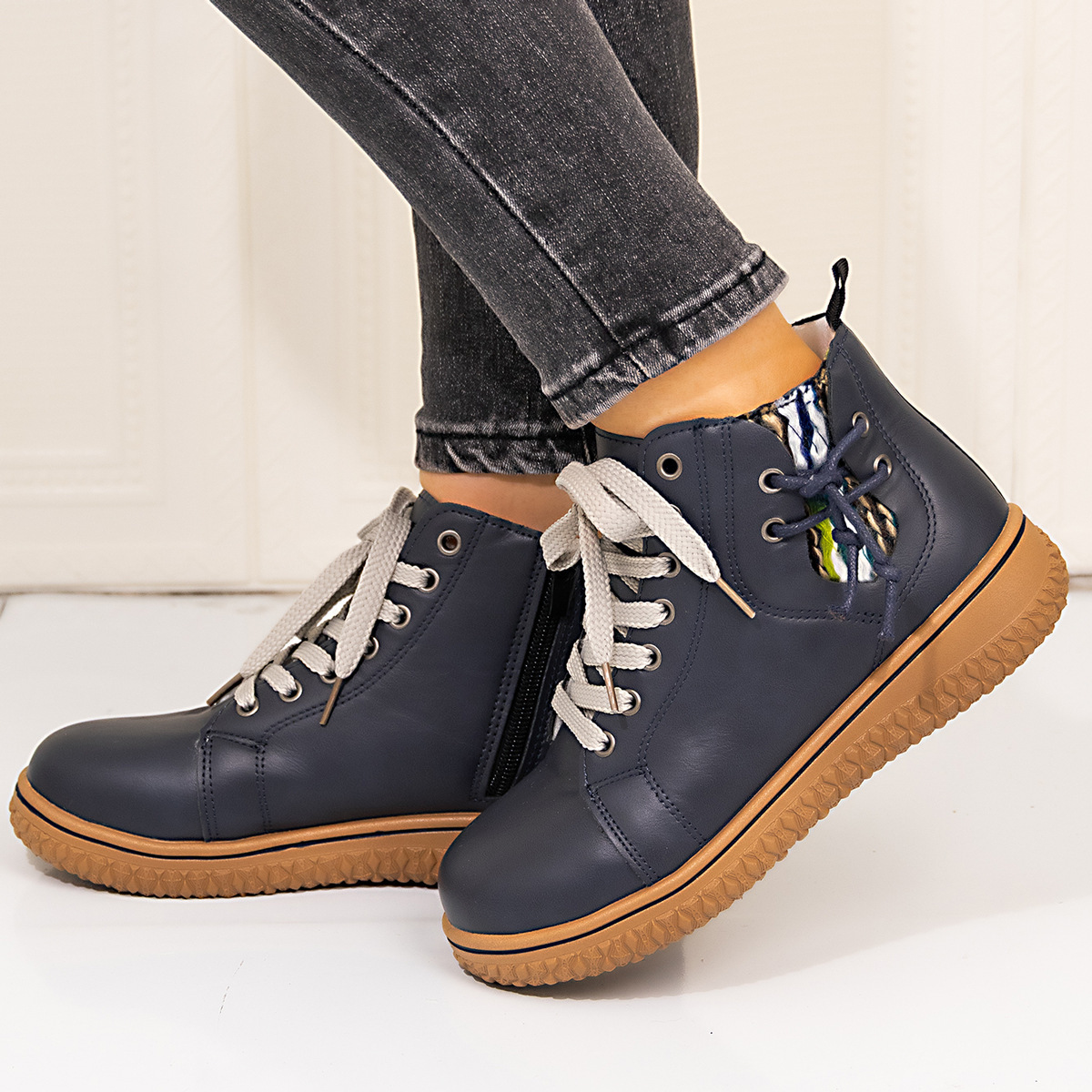 PU Casual Shoes With Front Laces, Winter Cotton Boots - Image 10