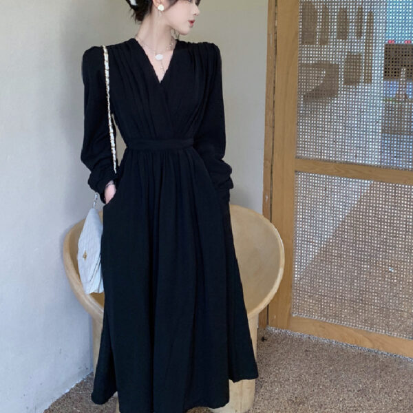 Elegant Long Sleeve V Neck Solid Color Dress