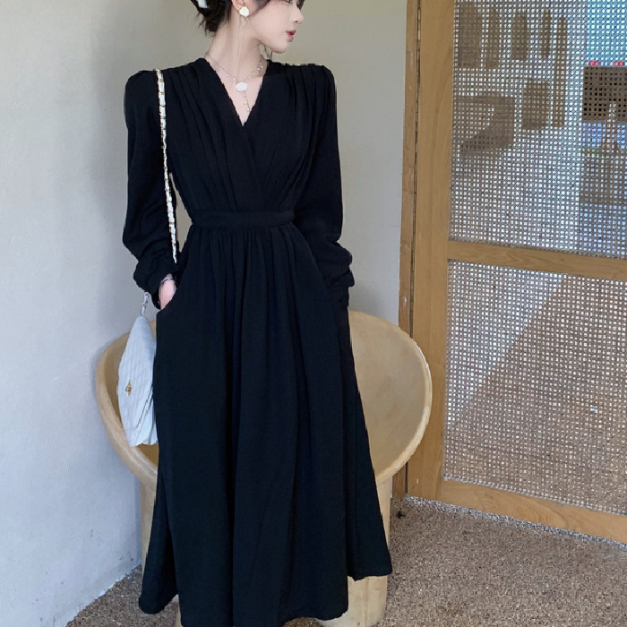 Elegant Long Sleeve V Neck Solid Color Dress - Image 1