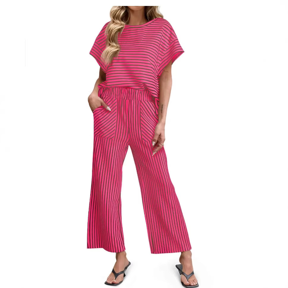 Womens Striped Short-Sleeve T-Shirt And Wide-Leg Pants Set With Pockets - Image 4
