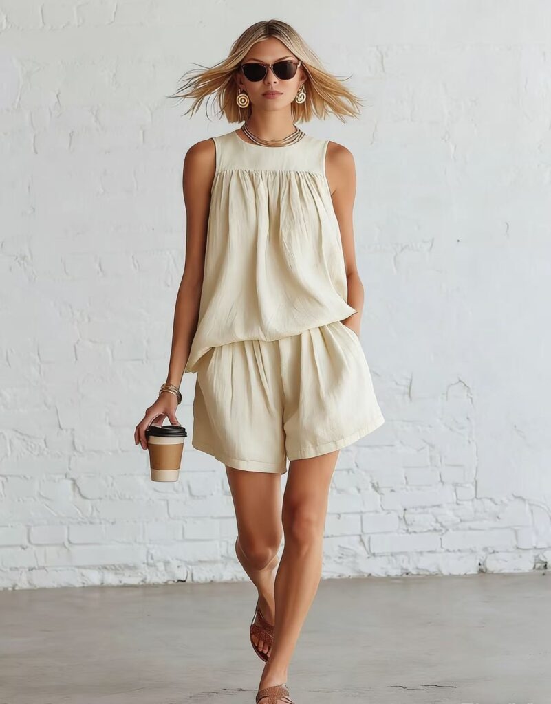 Womens Fashionable Retro Cotton-Linen Sleeveless Top And Wide-Leg Shorts Set