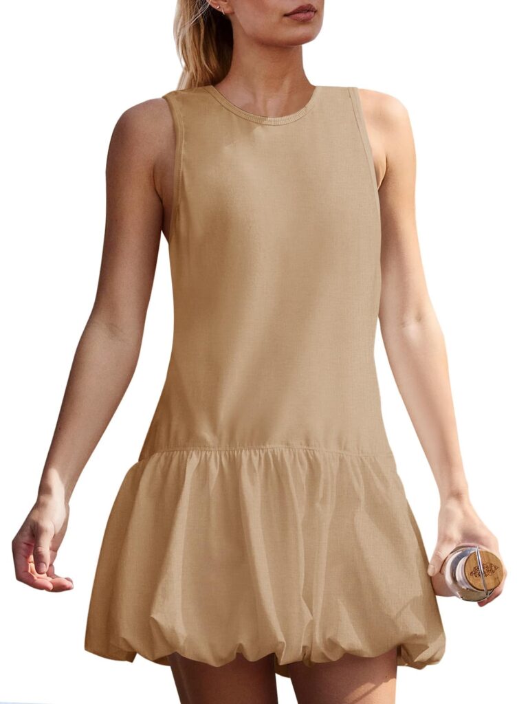 Fisoew Womens Athletic Dresses With Shorts & Pockets Backless Tennis Golf Mini Dress Bubble Hem Workout Active Outfits