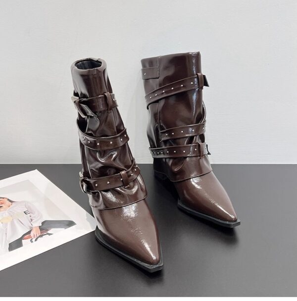 High-heeled Elegant Shaft-style Studded Belt-buckle Fashion Ankle Boots - Image 14