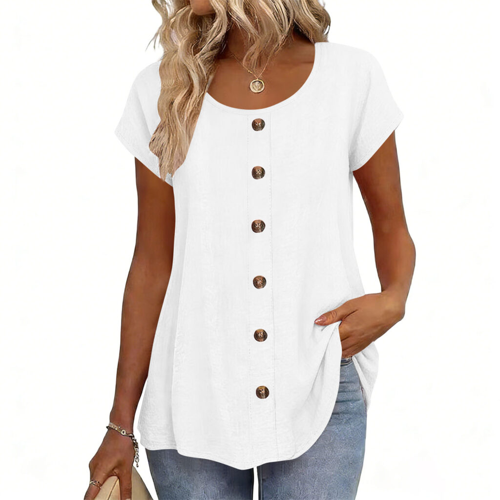 Decorative Girl Button Solid Color Short-Sleeve Crewneck T-Shirt Top