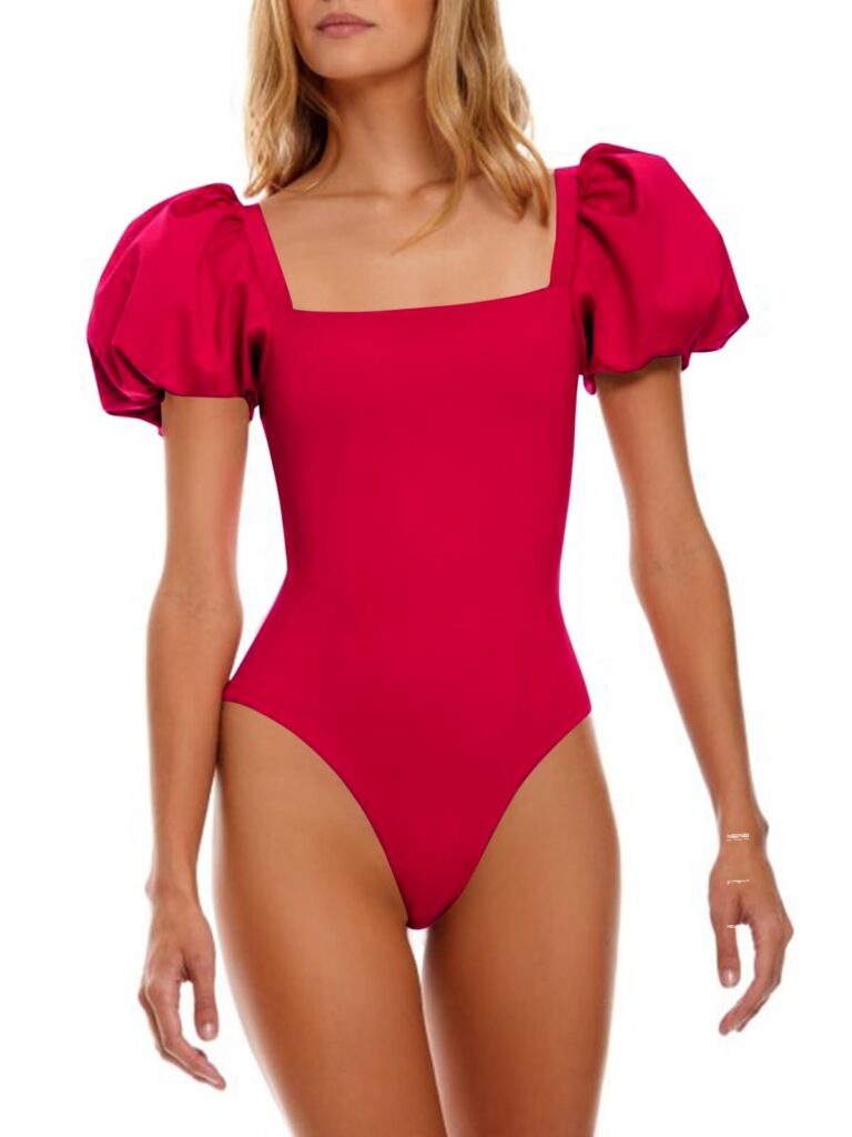 Saodimallsu Womens One Piece Swimsuit Short Puff Sleeve Square Neck Sexy Backless Tummy Control Bathing Suit