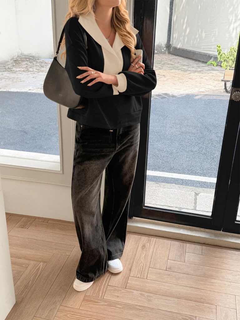 Fisoew Womens Cropped Oversized Sweatshirt Casual Lapel V Neck Long Sleeve Contrast Drawstring Loose Fit Fall Pullover Tops