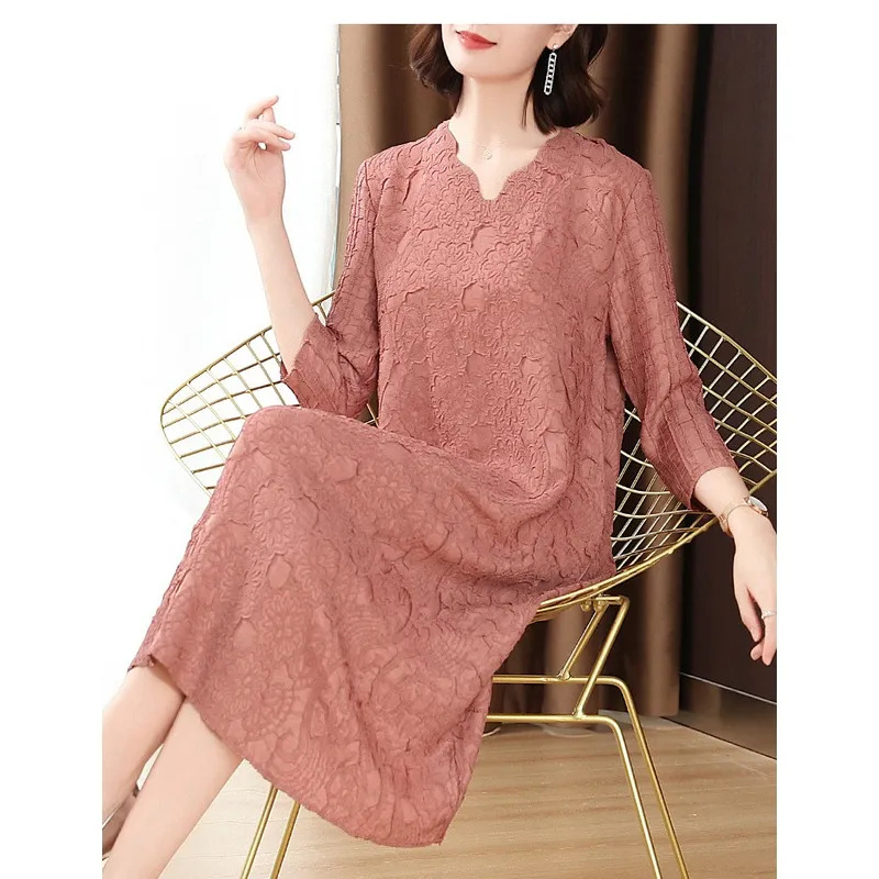 Fashionable V-neck Embroidered Mid-length Loose A-line Dress - Image 3