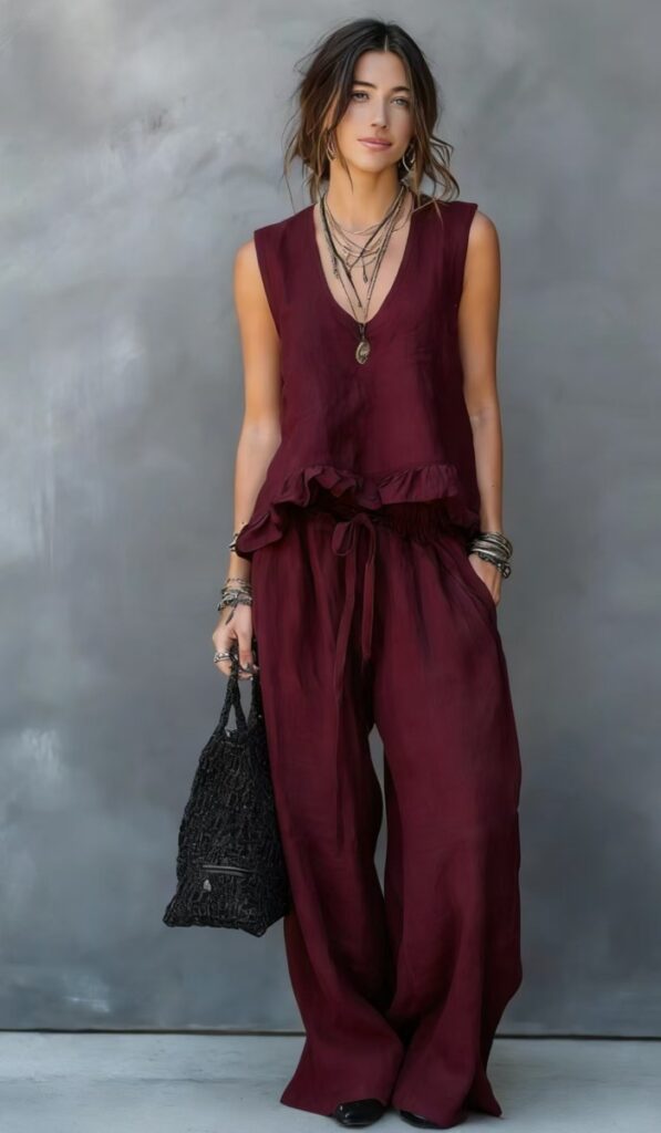 V-neck Sleeveless Ruffled Hem Dark Gray Casual Set