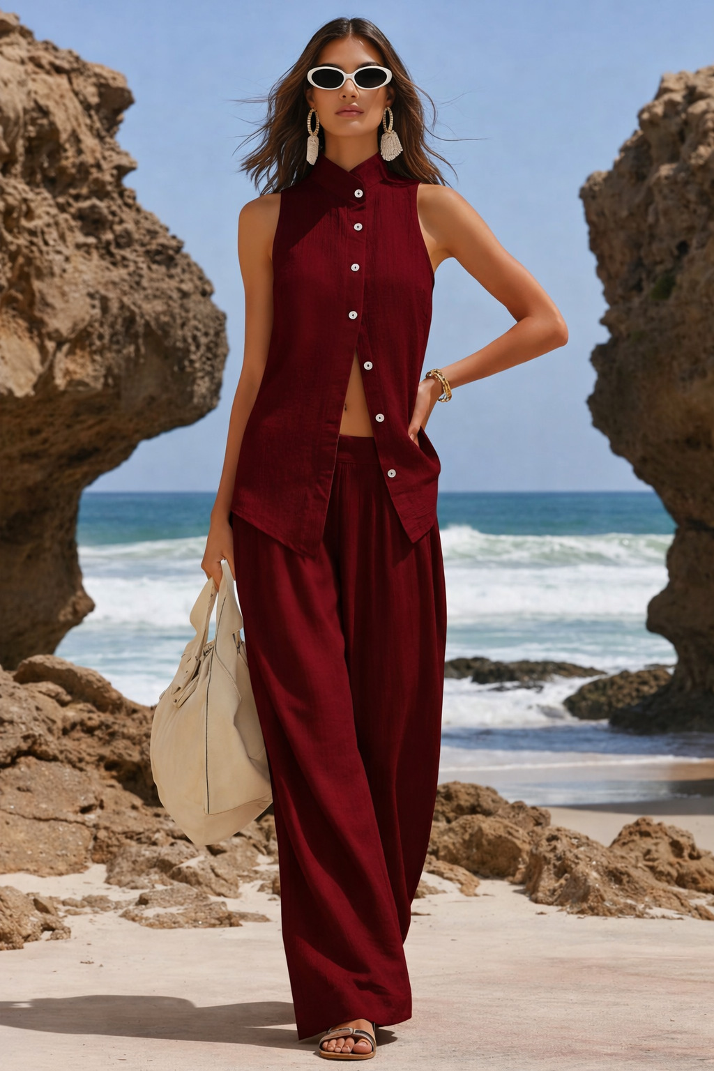 Front-button Cardigan Cotton Top And Pants Set - Image 7