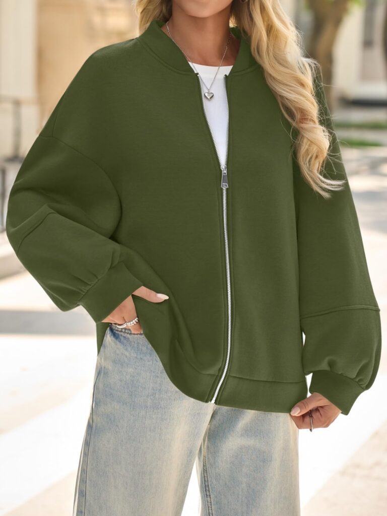 Fisoew Womens Zip Up Sweatshirt Casual Bomber Jacket Lantern Sleeve Oversized Jacket Fall Outfits 2025
