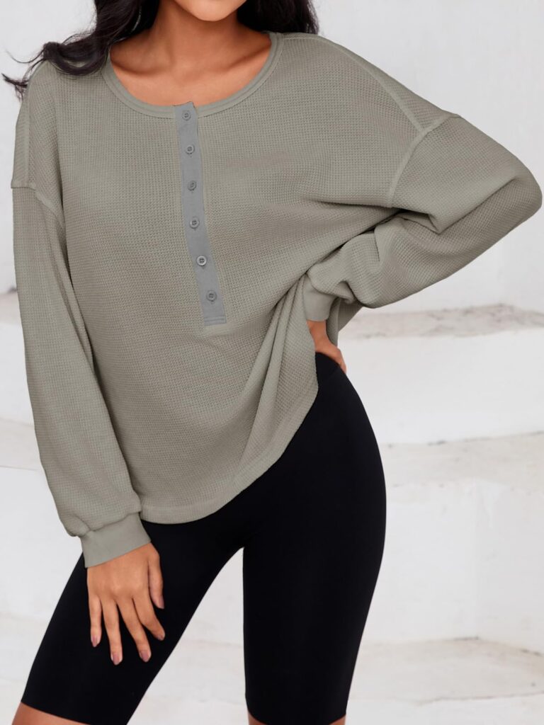 Fisoew Womens Cropped Sweatshirt Casual Waffle Knit Button V Neck Long Sleeve Loose Fit Fall Crop Tops