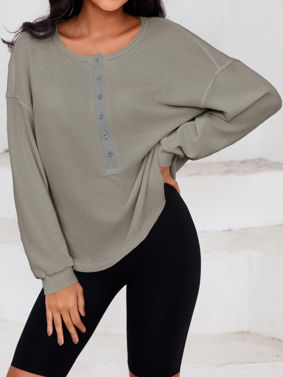 Fisoew Womens Cropped Sweatshirt Casual Waffle Knit Button V Neck Long Sleeve Loose Fit Fall Crop Tops - Image 25