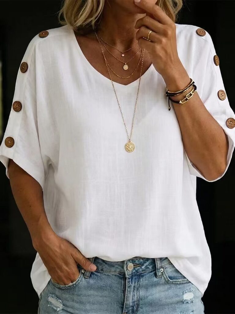 Casual Fashion Buttoned Crew-Neck Pullover Womens T-Shirt