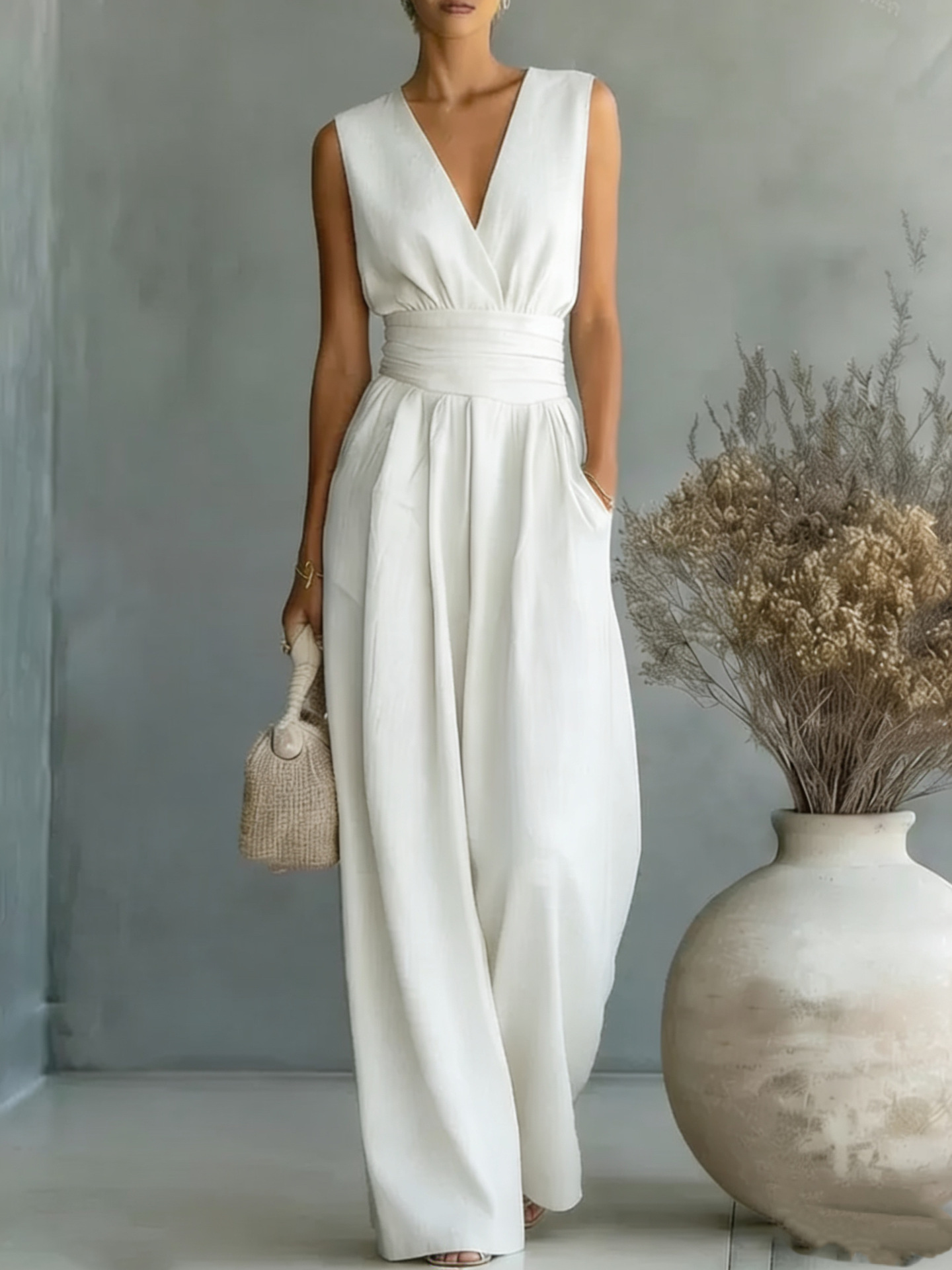 Womens Elegant Sleeveless Waist-Cinching V-Neck Sophisticated Jumpsuit - Image 12