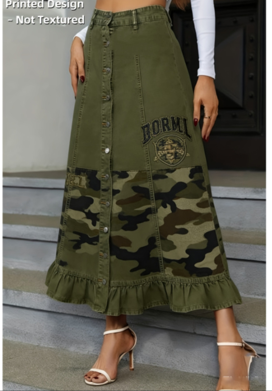 Military Green Camouflage Fantasy Sequence Lotus Leaf Edge Cowboy Long Dress