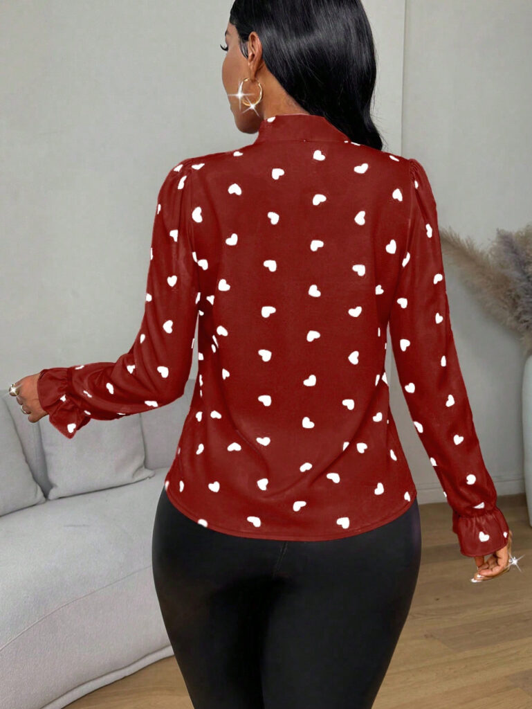 Printed Collared Ruffle-Trimmed Long-Sleeve Womens Shirt