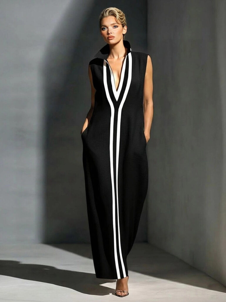 V-neck Sleeveless Contrast-striped Maxi Dress