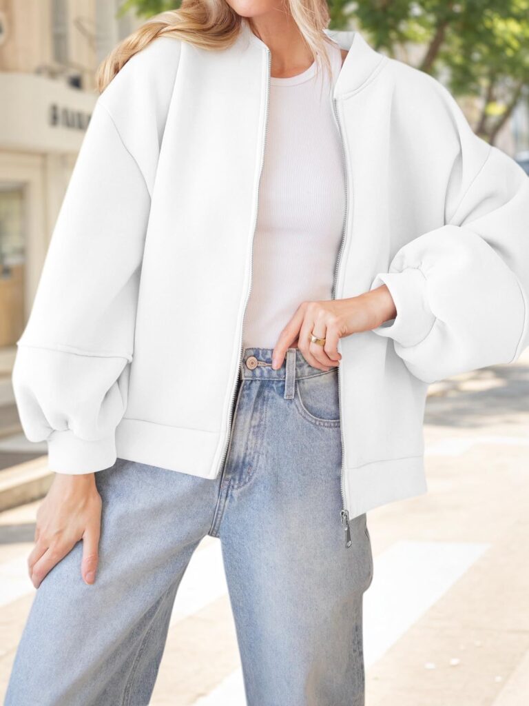 Fisoew Womens Zip Up Sweatshirt Casual Bomber Jacket Lantern Sleeve Oversized Jacket Fall Outfits 2025