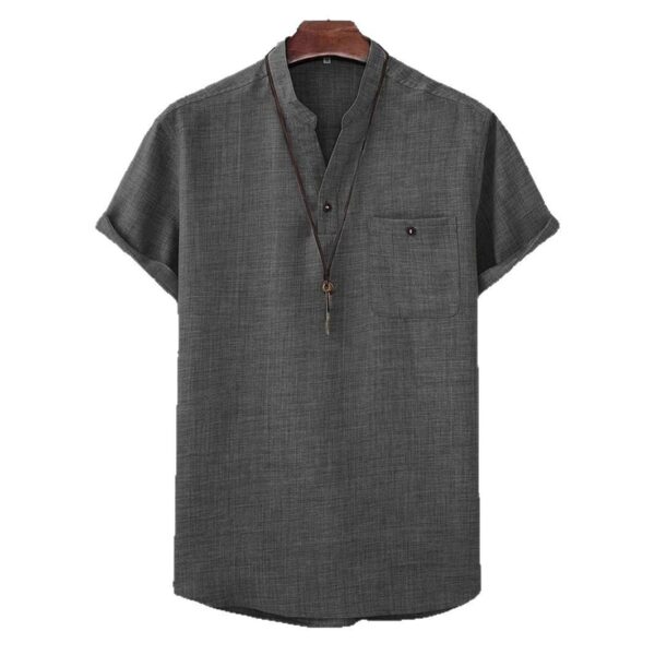 Mens Casual Short-sleeve Solid-color Shirt With A Turn-down Collar - Image 6
