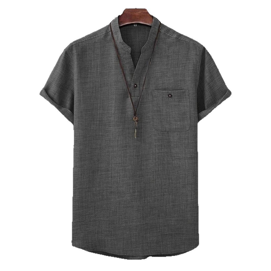 Mens Casual Short-sleeve Solid-color Shirt With A Turn-down Collar - Image 6