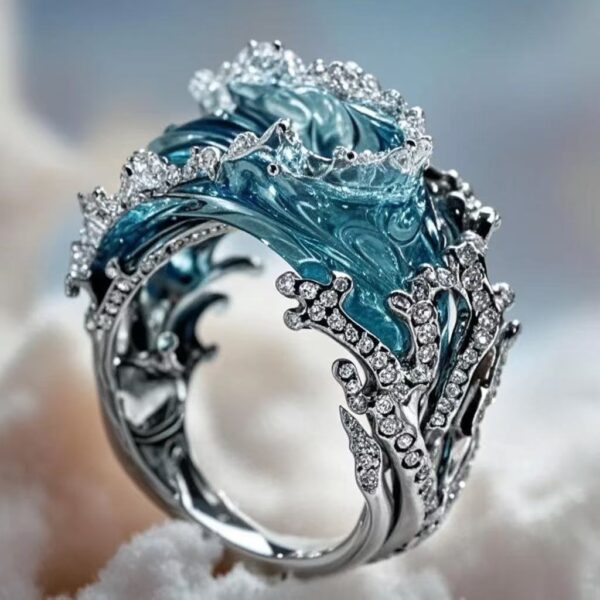 New Creative Light Luxury Wave Jewelry Set, Ocean Wave Design Ring And Earrings, All-Match For Women