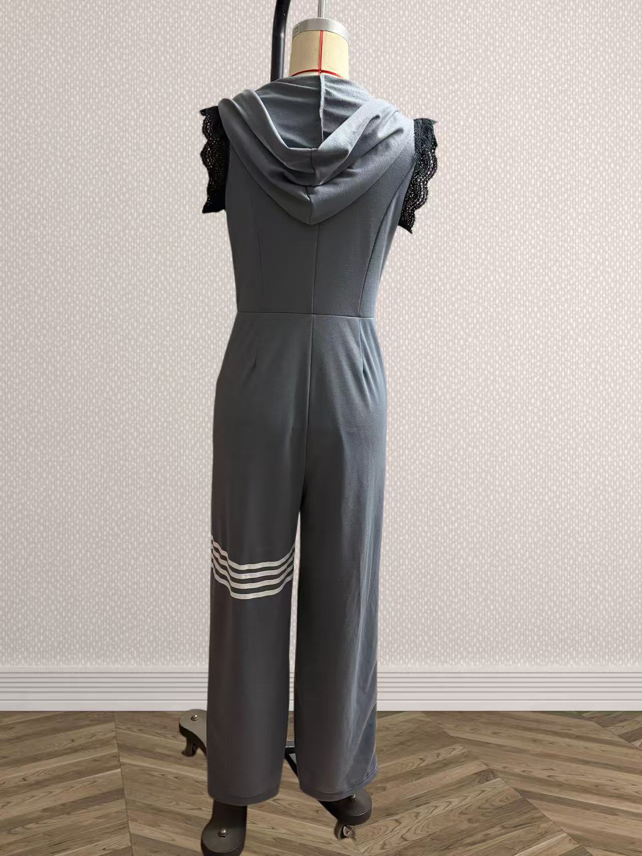 New Style Sporty Retro Lace Striped Sleeveless Hooded Jumpsuit - Image 12