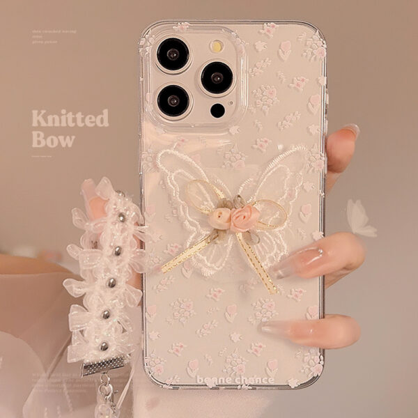 Aesthetic Embroidered Butterfly Flower Phone Case With A Transparent Lace Pendant