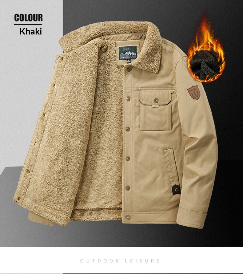 Washed Jacket For Men Fleece-lined And Thickened Lambswool Casual Style - Image 15