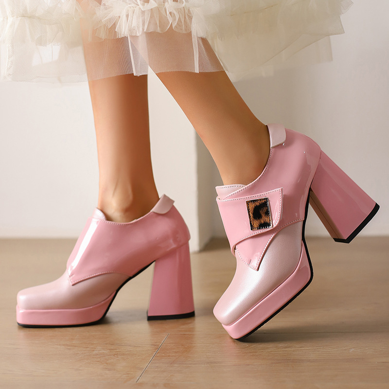 Square-toe Patent Leather Buckle Pumps Thick-soled High Heels