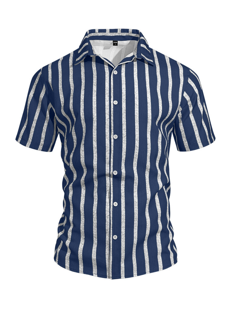 Men's Plus-Size Light Mature Lapel Striped Short-Sleeve Shirt