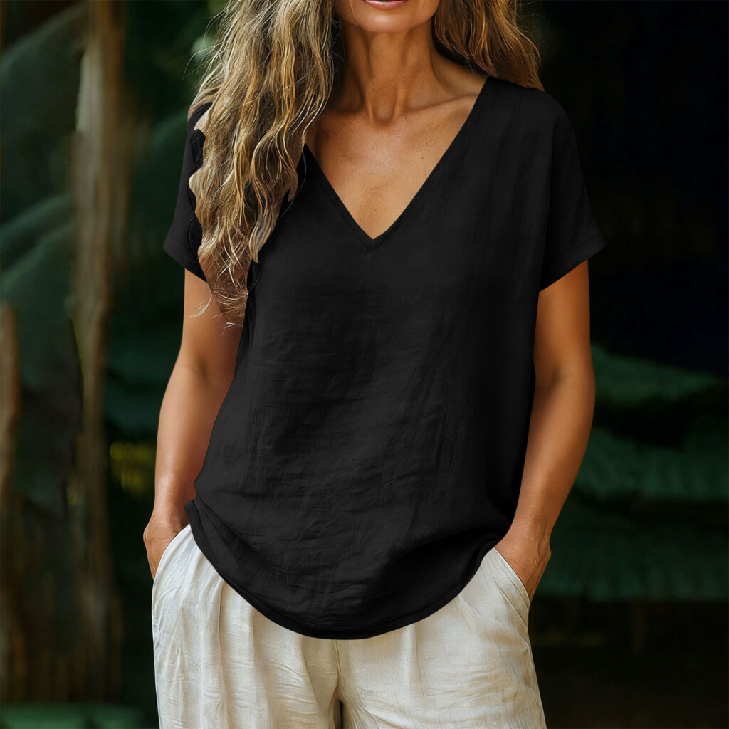 Women's Cotton-Linen Short-Sleeve V-Neck Pullover Top