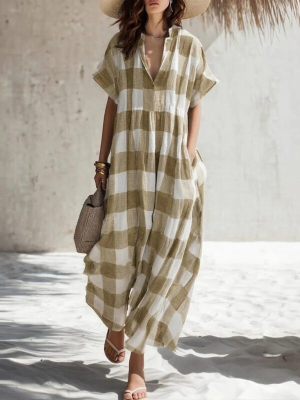 Plaid V-neck Long Cotton-Linen Dress - Image 8
