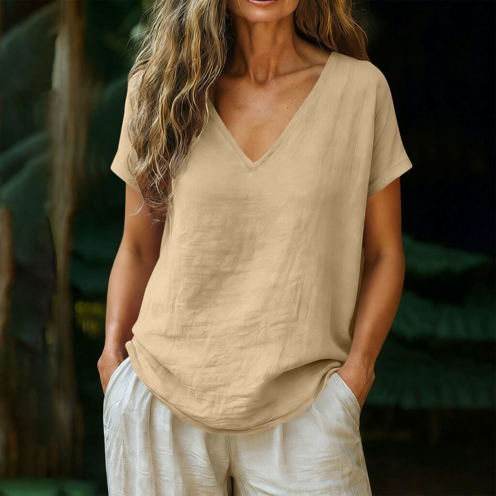 Women's Cotton-Linen Short-Sleeve V-Neck Pullover Top