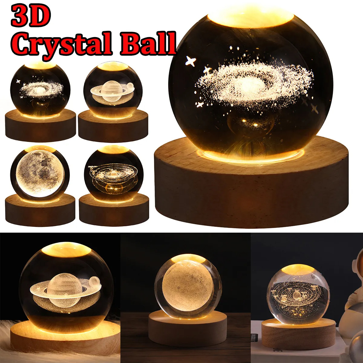 LED Night Light Galaxy Crystal Ball Table Lamp 3D Planet Moon Lamp Bedroom Home Decor For Kids Party Children Birthday Gifts - Image 1