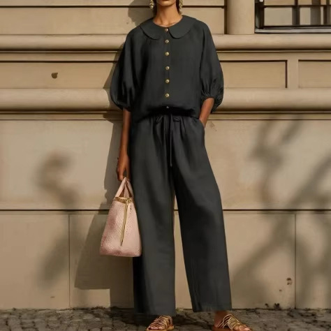 Fashionable Collar Shirt And Wide-Leg Pants Linen Two-Piece Set - Image 9