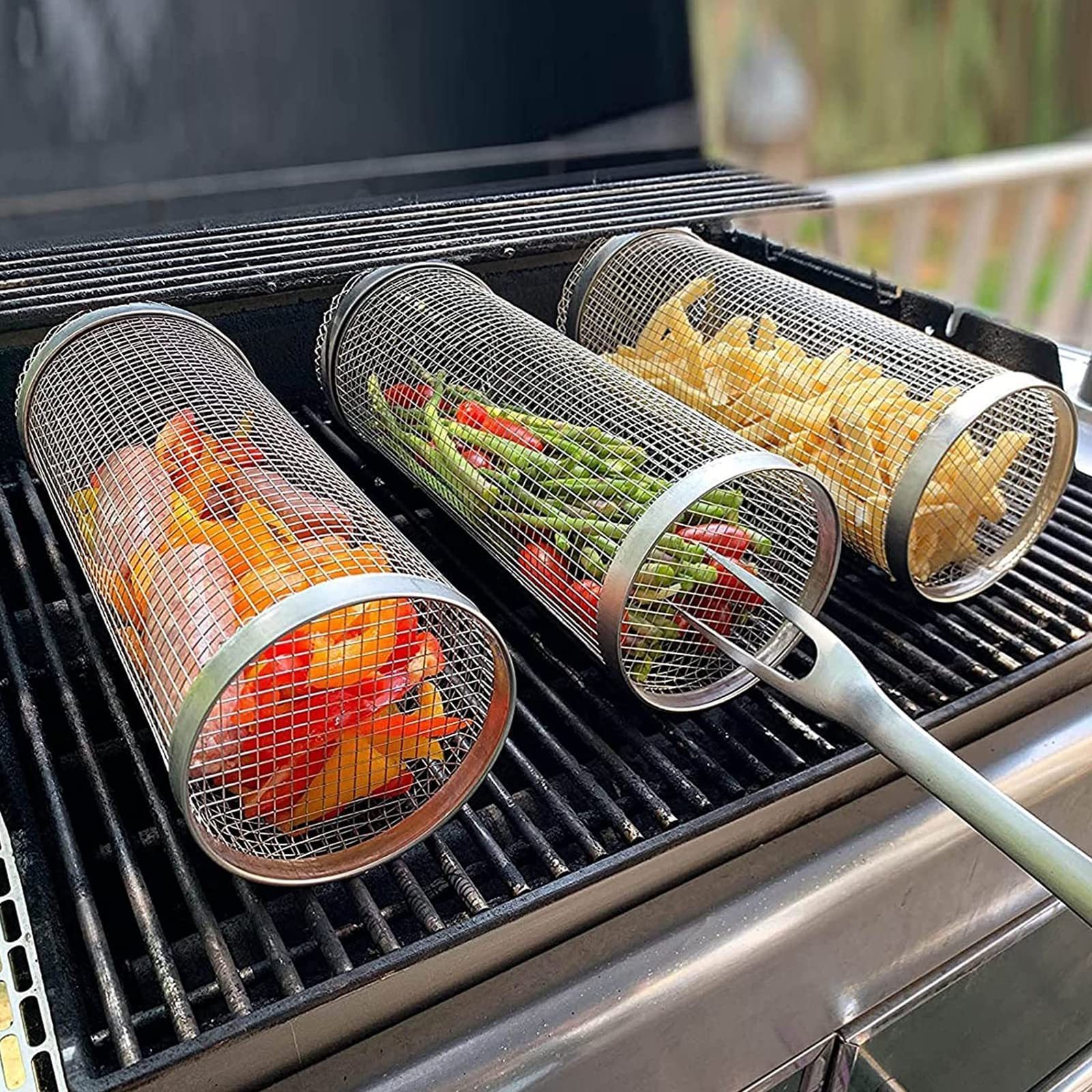 Rolling Grilling Basket Metal BBQ Barbecue Basket Net Portable Outdoor Camping Barbecue Rack Kitchen Gadgets - Image 1